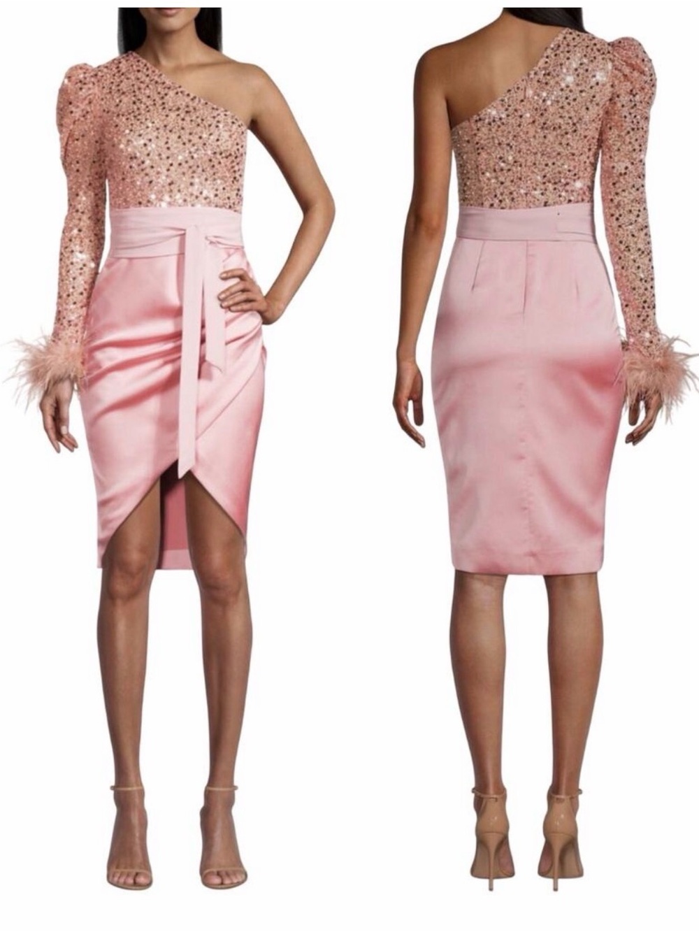 Lavish Alice Pink One-Shoulder Sequin & Satin Pencil Dress